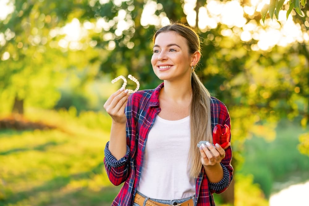 Smiling young woman outdoors holding a pair of clear aligners and a red case in a sunlit park – Kirkland Invisible Aligners